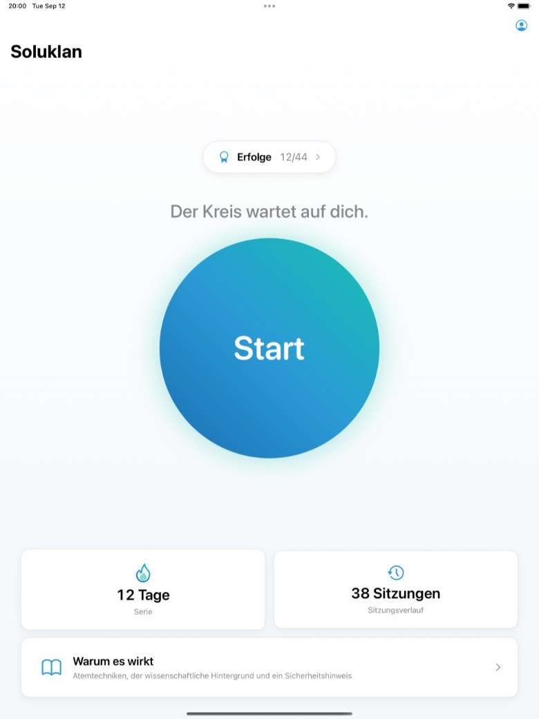 Soluklan auf dem iPad: der Startbildschirm im breiten Layout