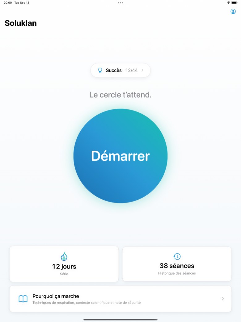 Soluklan sur iPad : l’écran d’accueil en disposition large