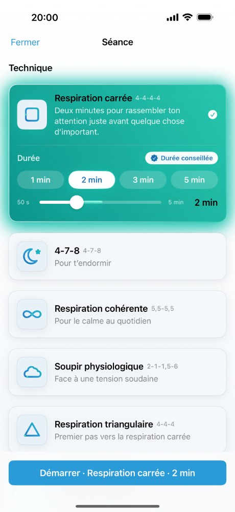 Soluklan sur iPhone : le curseur de durée et la fourchette suggérée